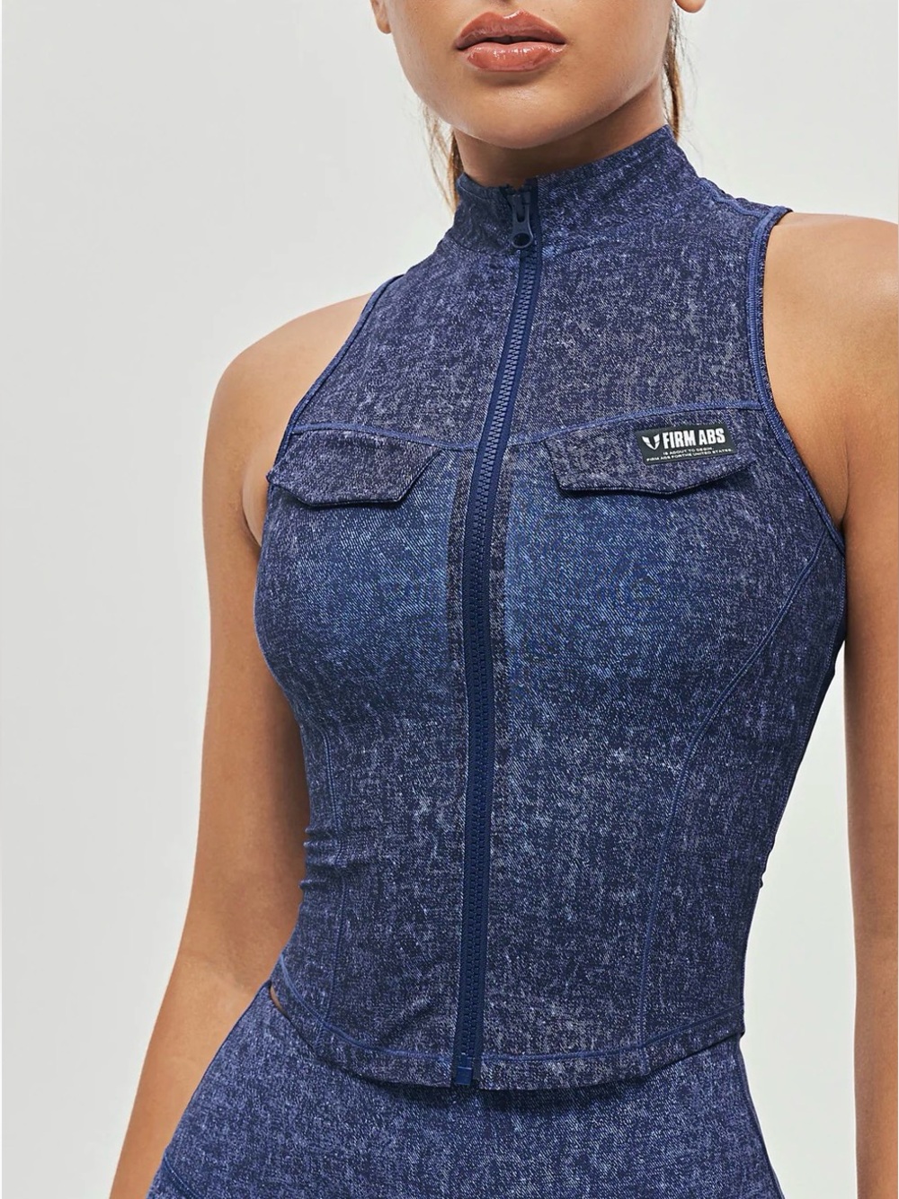 Firm Abs Army ABS Denim Zip Front Crop Tank